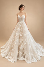 Luxury Champagne Lace Spaghetti Straps Wedding Dress For Bride