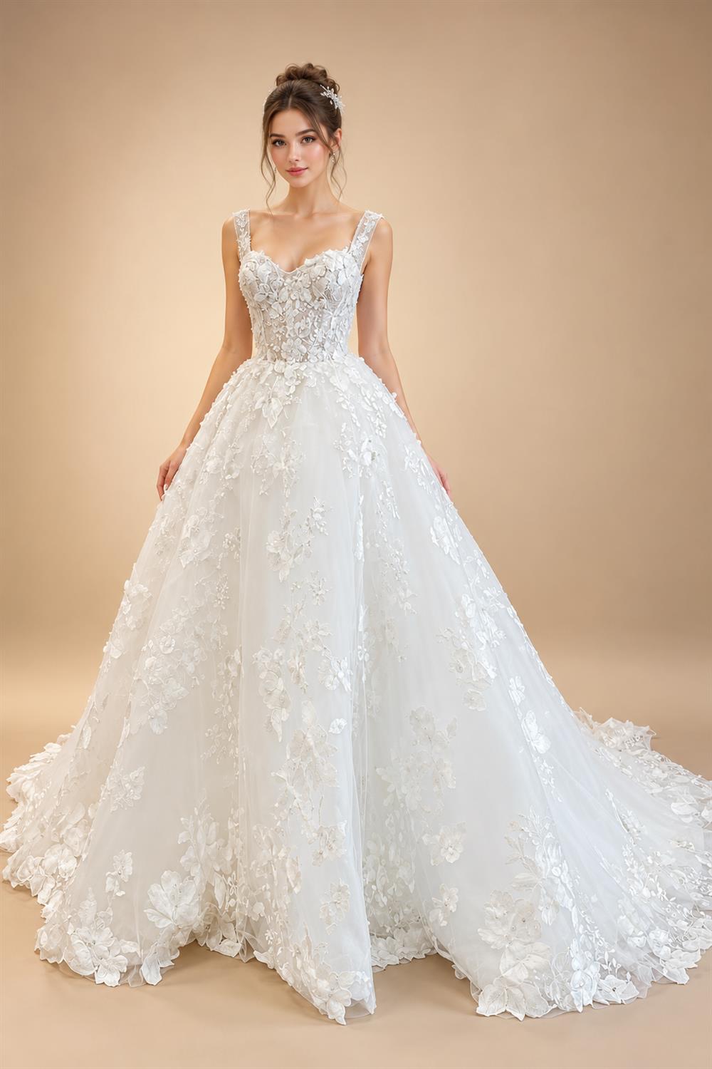 Luxury Champagne Lace Spaghetti Straps Wedding Dress For Bride