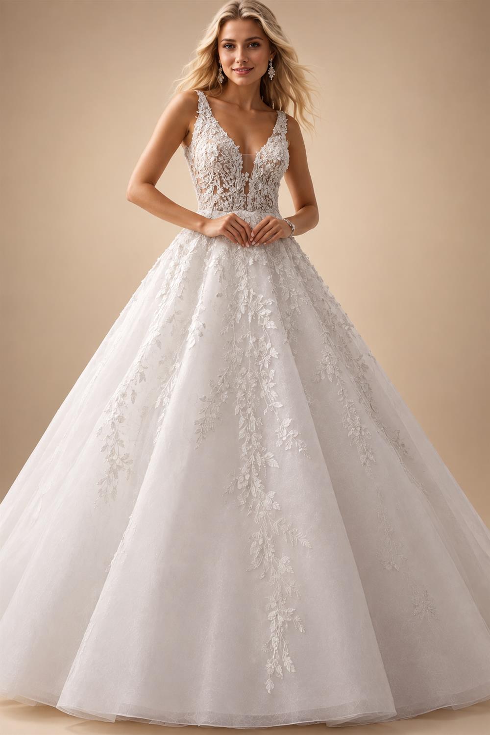 Custom Ivory Lace V Neck Sleeveless A Line Bridal Wedding Dress Boho Style