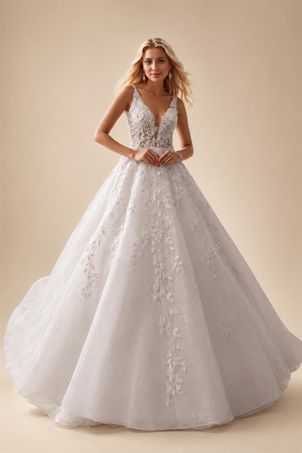 Custom Ivory Lace V Neck Sleeveless A Line Bridal Wedding Dress Boho Style