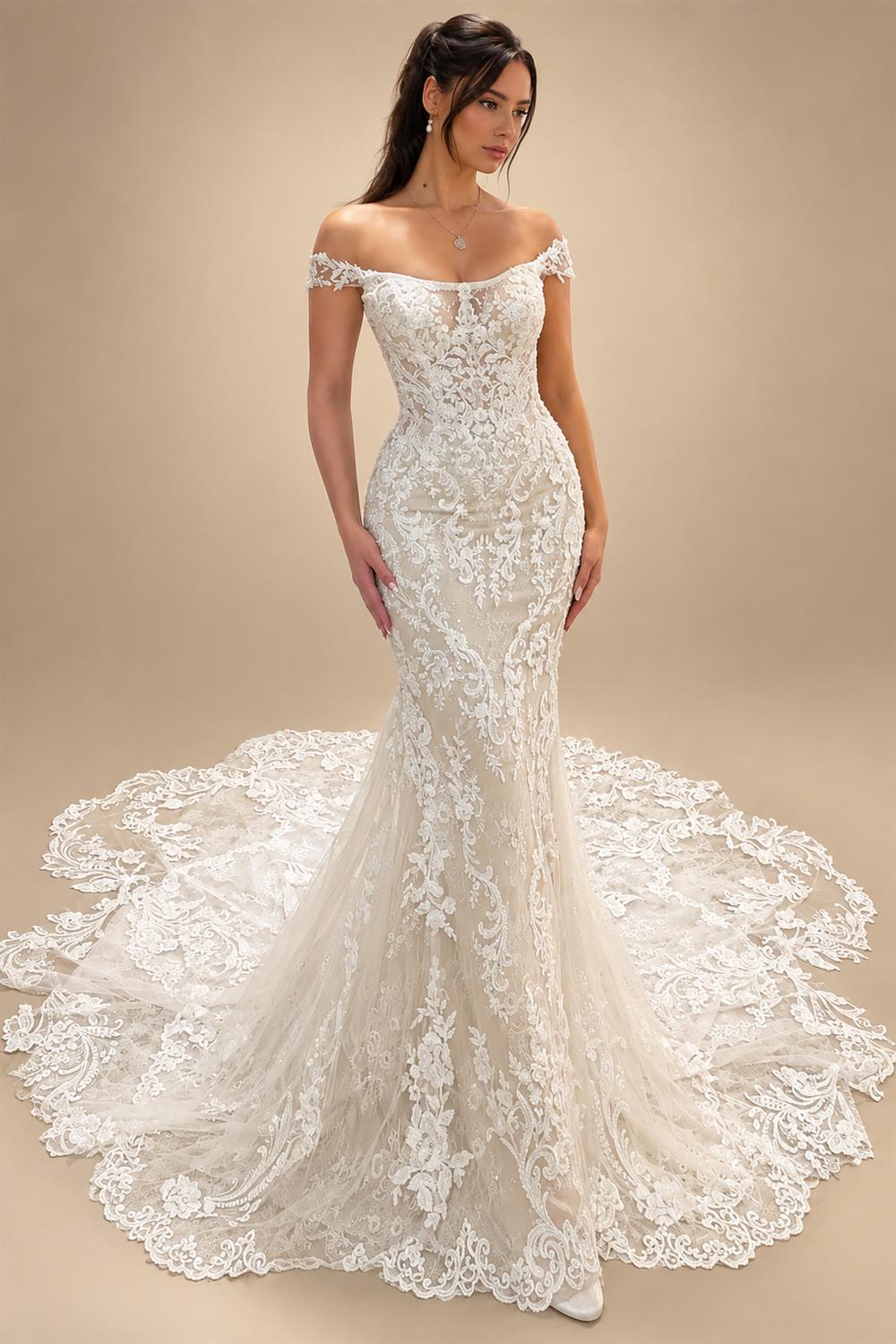 Custom Mermaid Wedding Dress With Lace Appliques Off Shoulder Bridal Gown