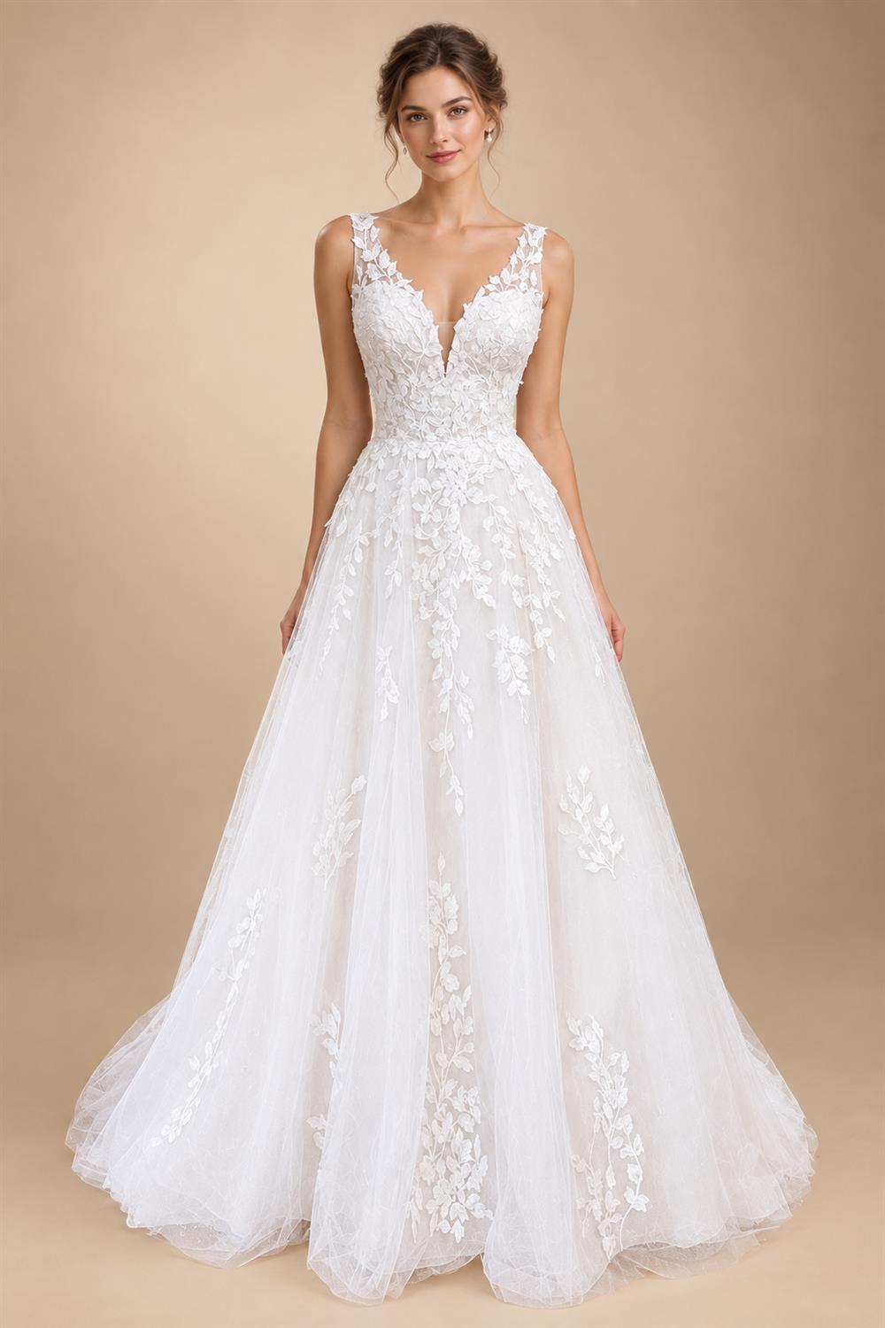 Custom V Neck Floral Lace Beach Wedding A Line Bridal Gown
