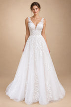 Custom V Neck Floral Lace Beach Wedding A Line Bridal Gown