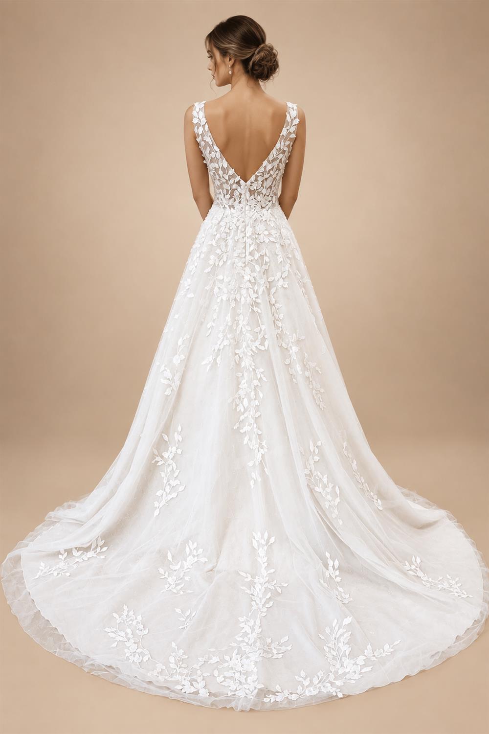 Custom V Neck Floral Lace Beach Wedding A Line Bridal Gown