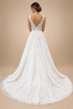 Custom V Neck Floral Lace Beach Wedding A Line Bridal Gown