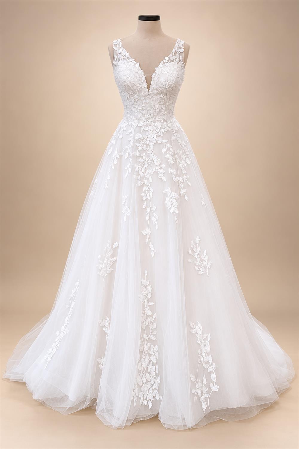 Custom V Neck Floral Lace Beach Wedding A Line Bridal Gown