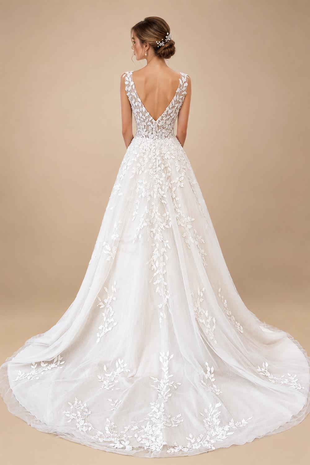 Custom V Neck Floral Lace Beach Wedding A Line Bridal Gown