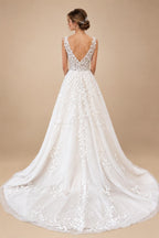 Custom V Neck Floral Lace Beach Wedding A Line Bridal Gown