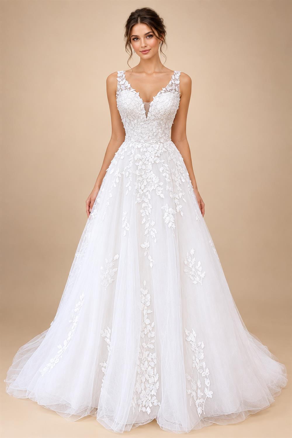 Custom V Neck Floral Lace Beach Wedding A Line Bridal Gown