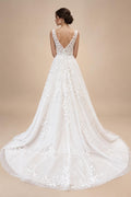 Custom V Neck Floral Lace Beach Wedding A Line Bridal Gown