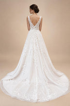 Custom V Neck Floral Lace Beach Wedding A Line Bridal Gown