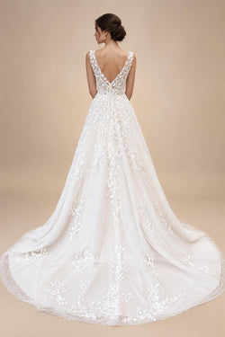 Custom V Neck Floral Lace Beach Wedding A Line Bridal Gown