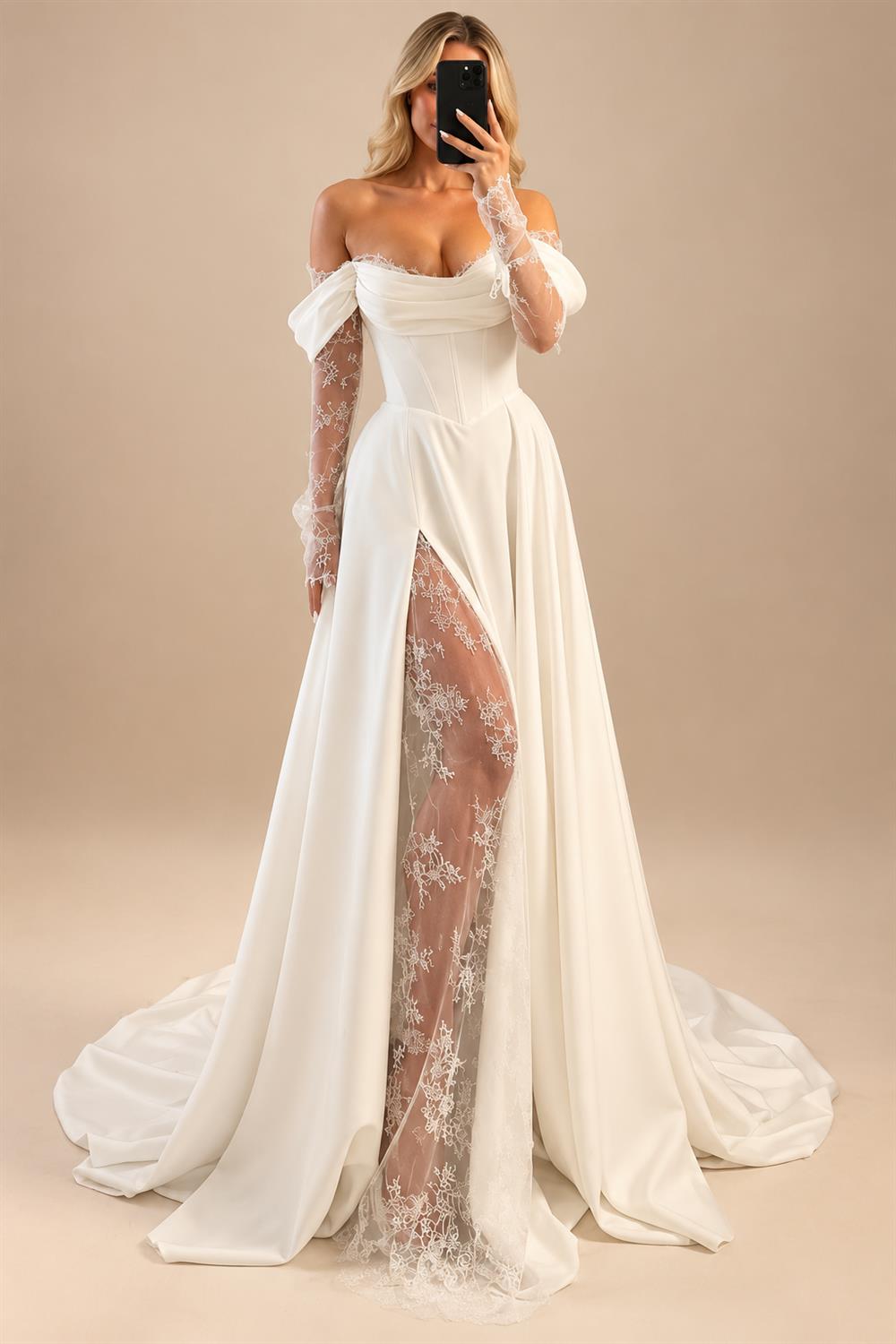 Customized Off Shoulder Satin A Line Wedding Dress With Sweep Train