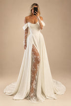 Customized Off Shoulder Satin A Line Wedding Dress With Sweep Train