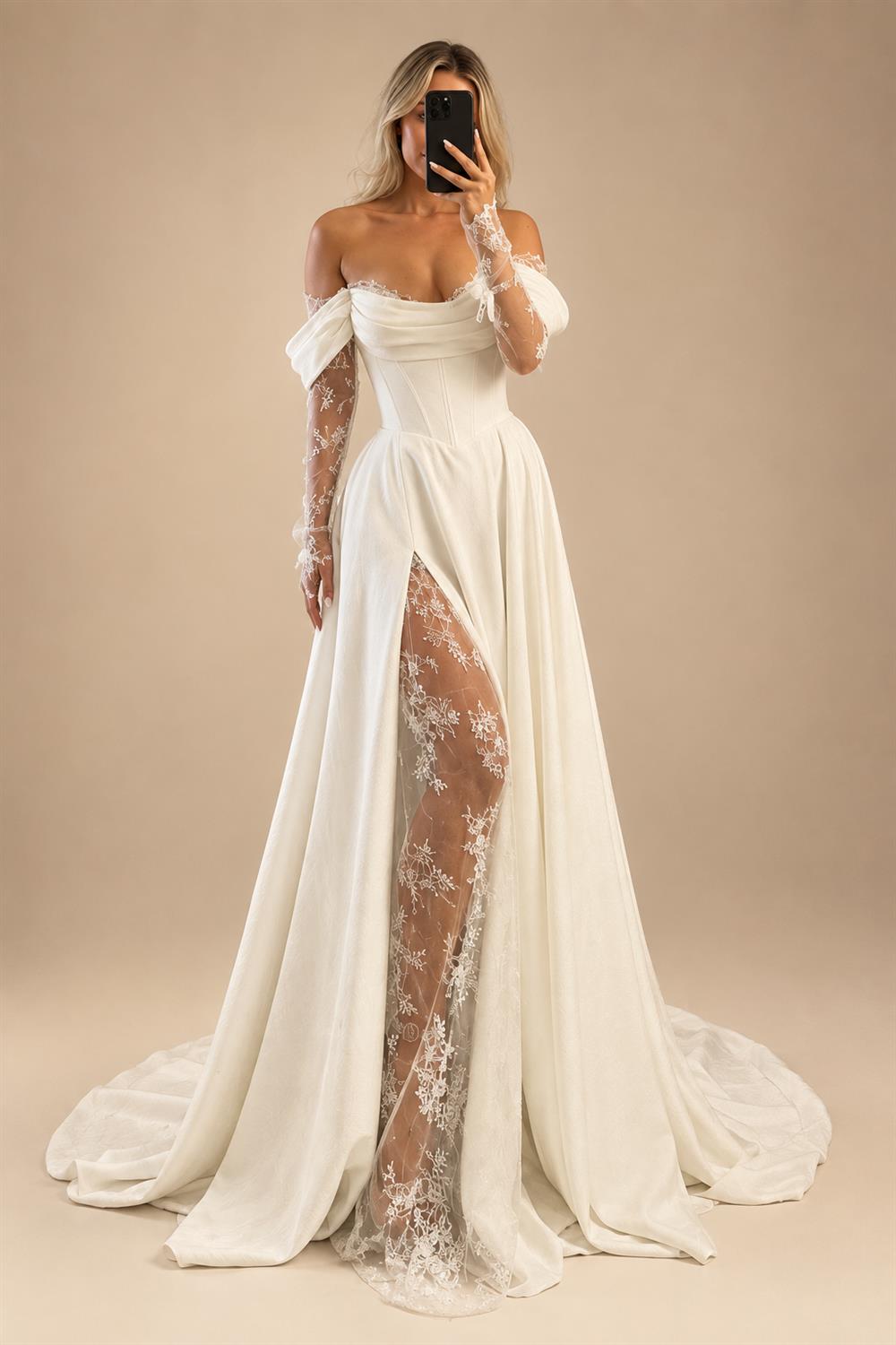 Customized Off Shoulder Satin A Line Wedding Dress With Sweep Train