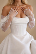 Customized Off Shoulder Satin A Line Wedding Dress With Sweep Train