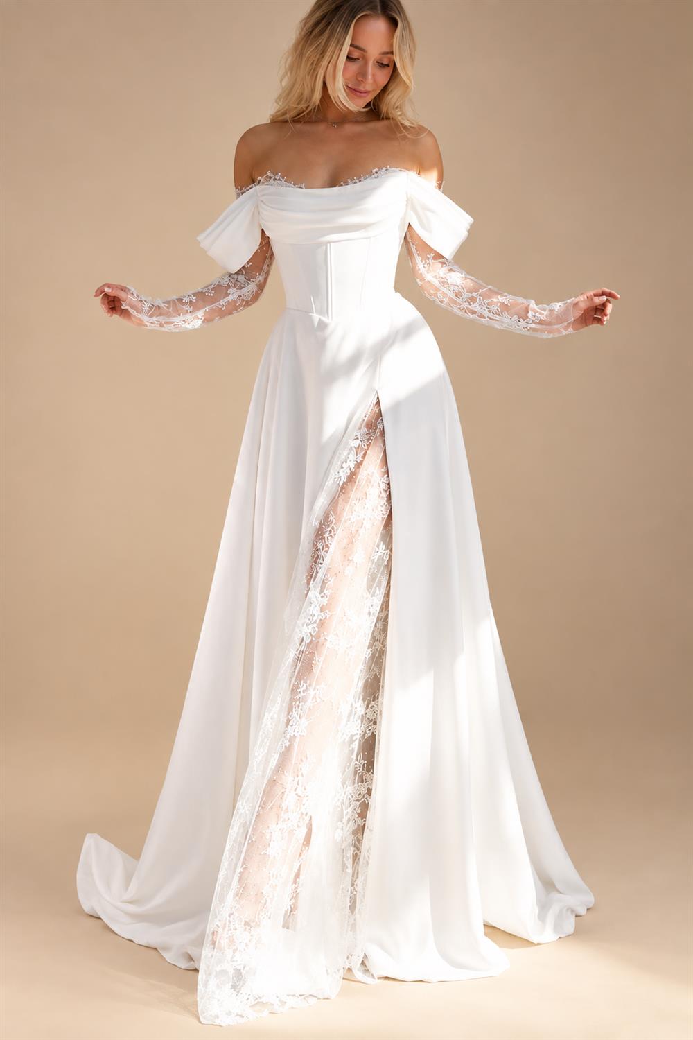 Customized Off Shoulder Satin A Line Wedding Dress With Sweep Train