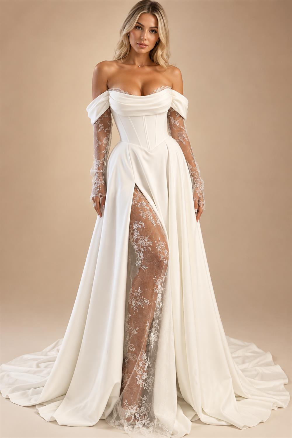 Customized Off Shoulder Satin A Line Wedding Dress With Sweep Train