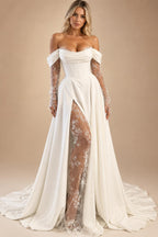 Customized Off Shoulder Satin A Line Wedding Dress With Sweep Train