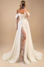 Customized Off Shoulder Satin A Line Wedding Dress With Sweep Train