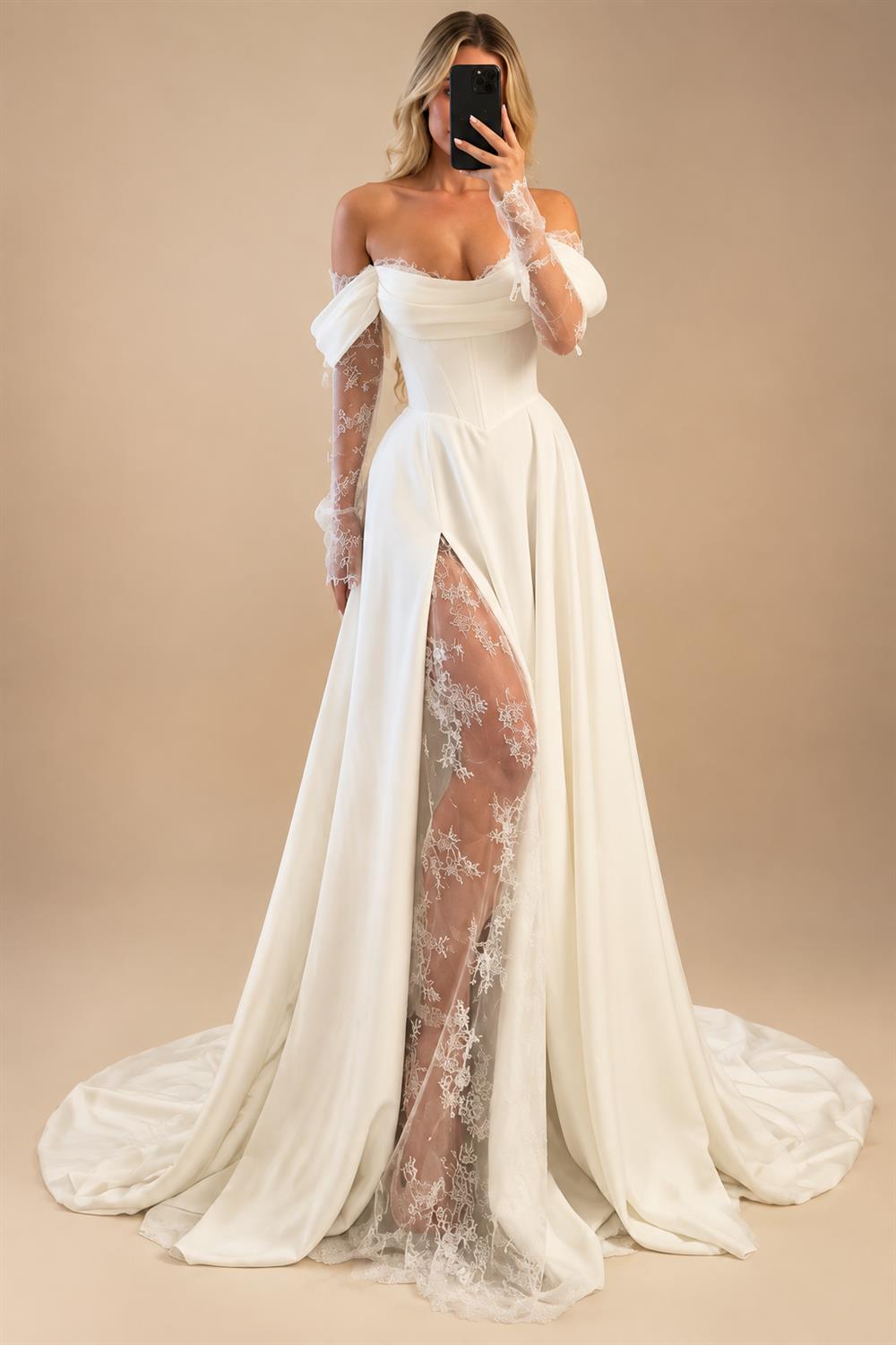 Customized Off Shoulder Satin A Line Wedding Dress With Sweep Train
