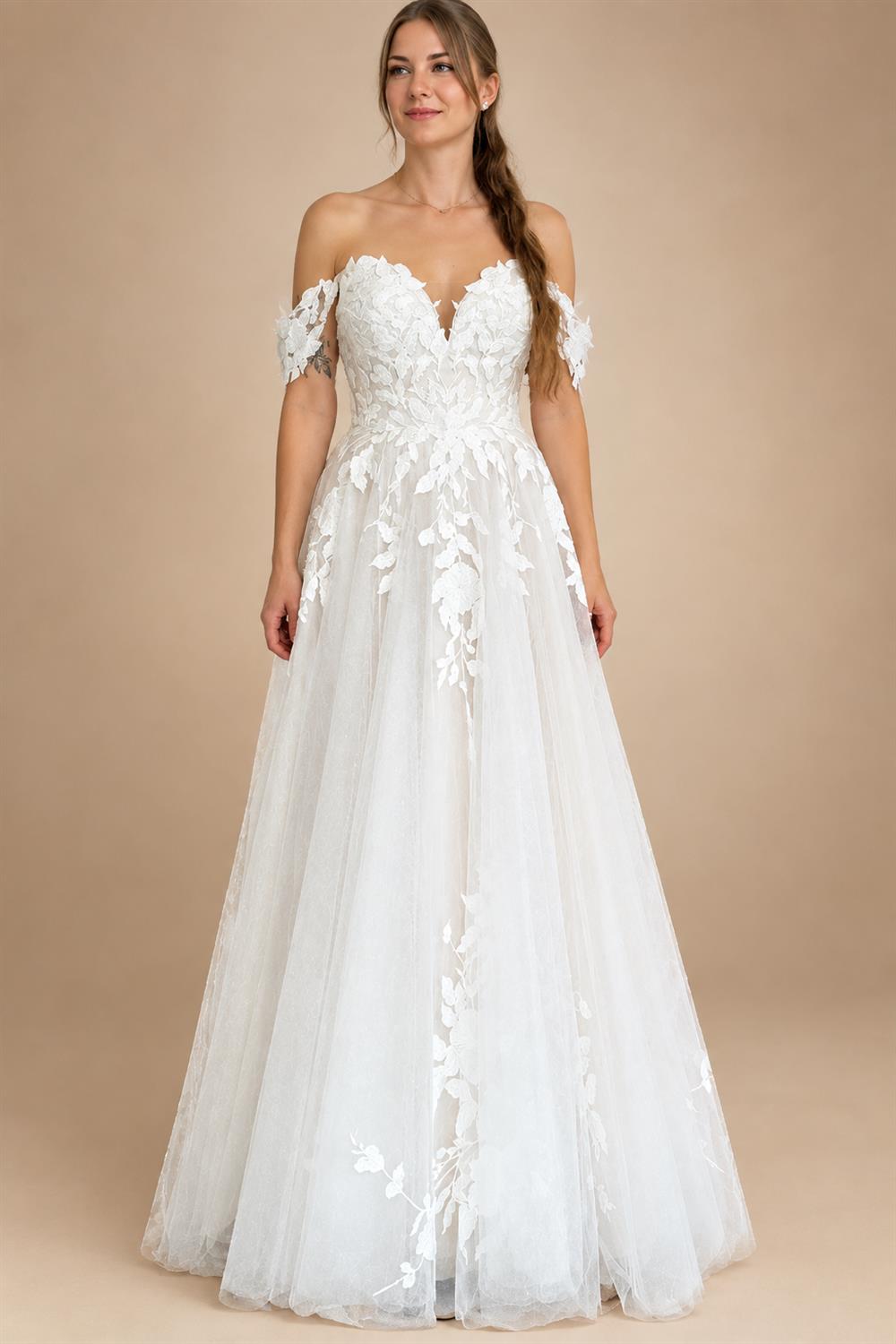 Custom Off Shoulder Wedding Gown With Lace Appliques And Cap Sleeve