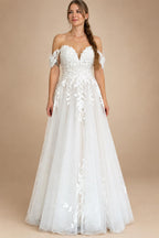 Custom Off Shoulder Wedding Gown With Lace Appliques And Cap Sleeve