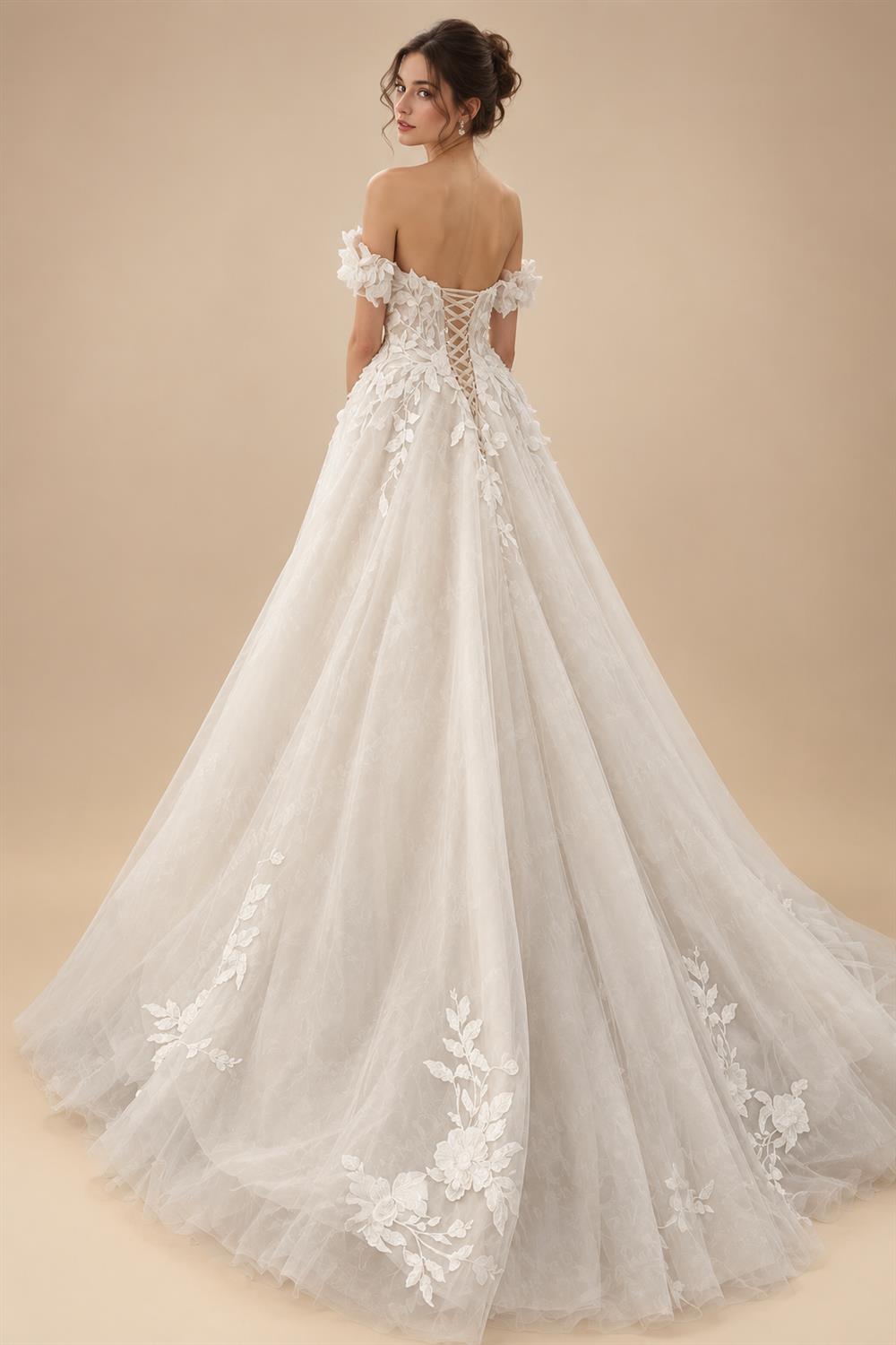 Custom Off Shoulder Wedding Gown With Lace Appliques And Cap Sleeve