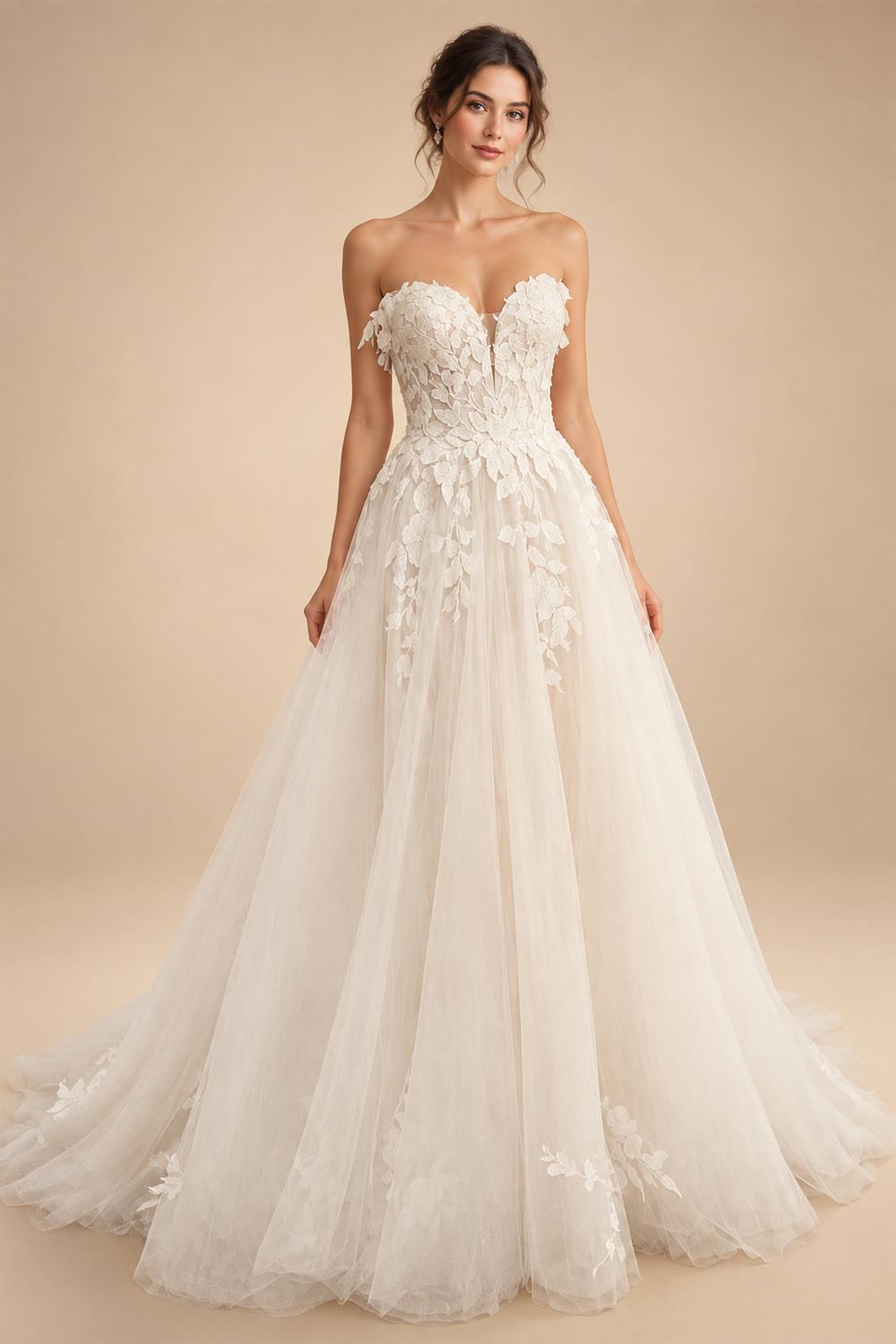 Custom Off Shoulder Wedding Gown With Lace Appliques And Cap Sleeve