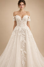 Custom Off Shoulder Wedding Gown With Lace Appliques And Cap Sleeve
