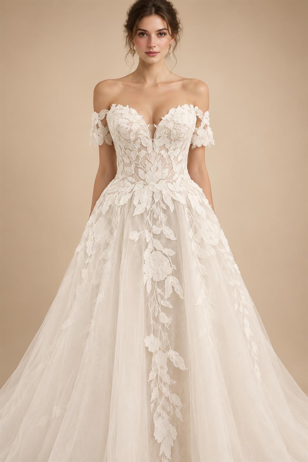 Custom Off Shoulder Wedding Gown With Lace Appliques And Cap Sleeve