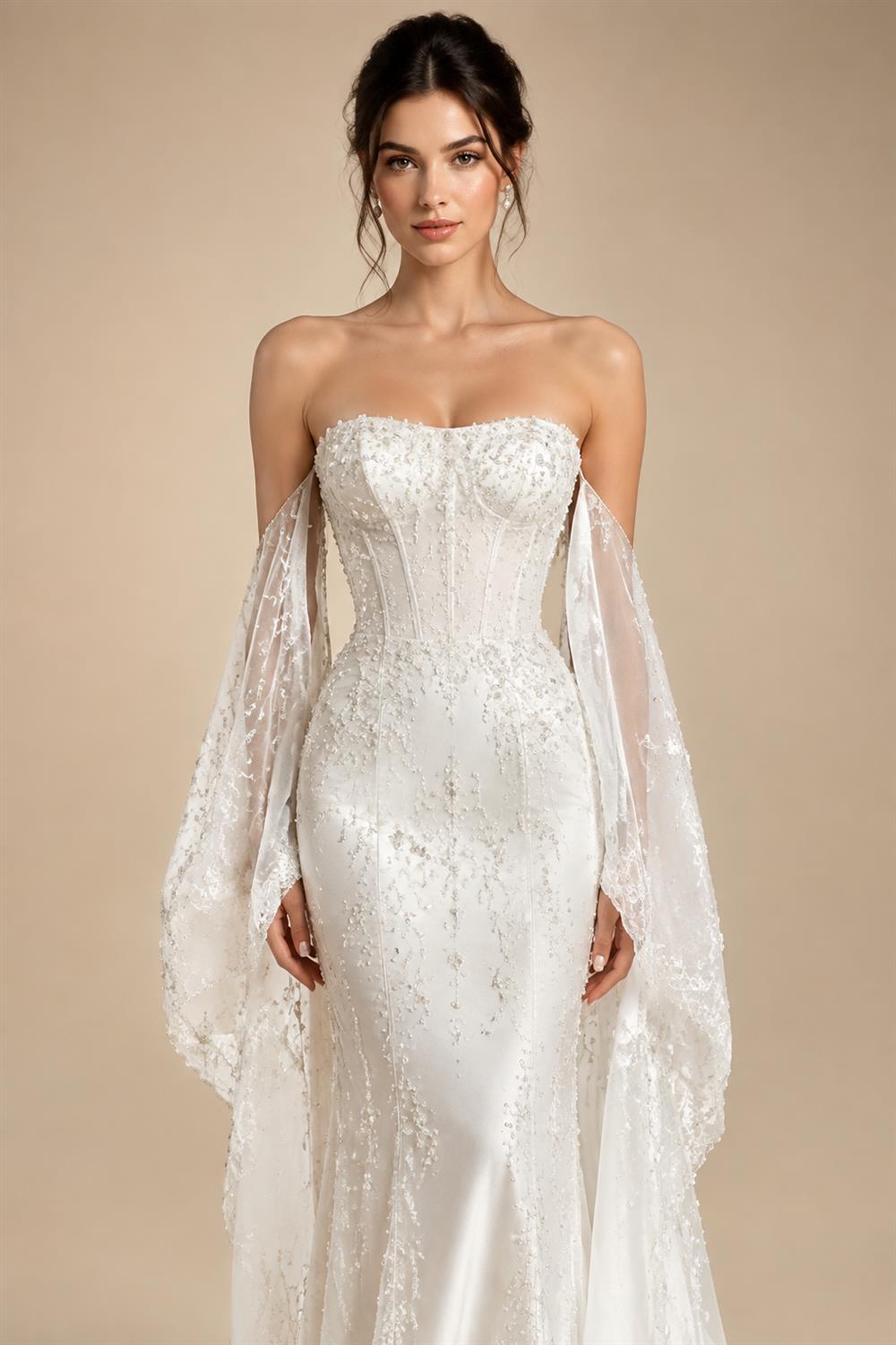 Custom Off Shoulder Wedding Gown With Lace Appliques And Cap Sleeve
