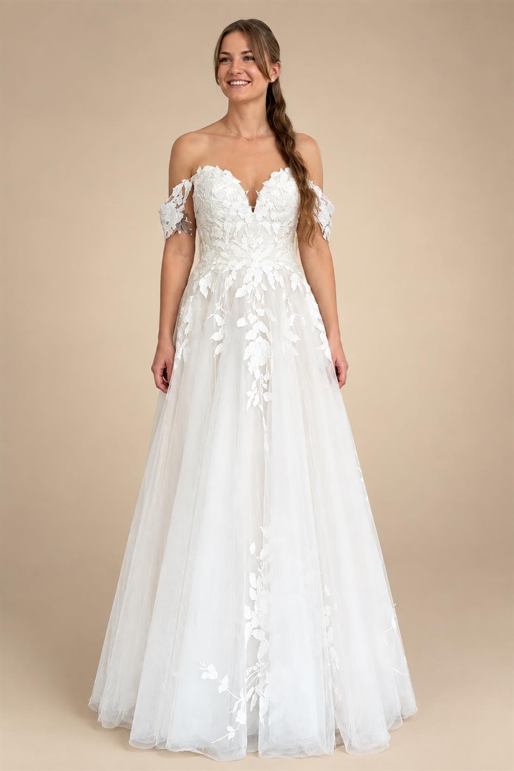Custom Off Shoulder Wedding Gown With Lace Appliques And Cap Sleeve