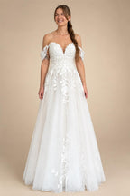 Custom Off Shoulder Wedding Gown With Lace Appliques And Cap Sleeve