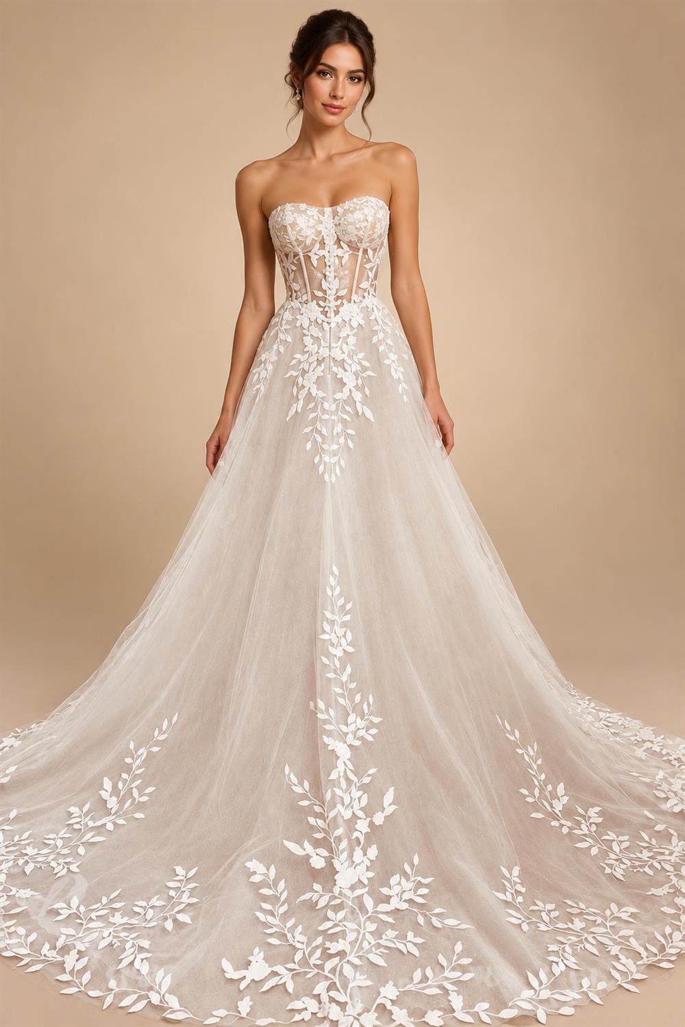 Custom Sweetheart A Line Wedding Dress With Glitter Lace Applique