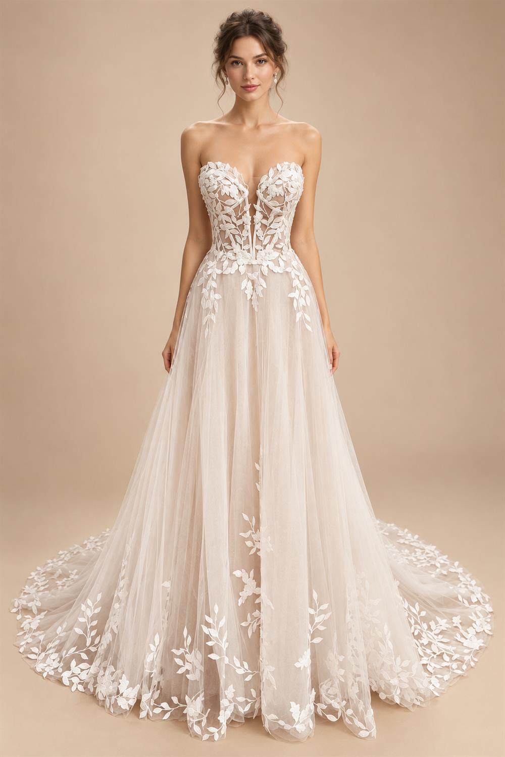 Custom Sweetheart A Line Wedding Dress With Glitter Lace Applique