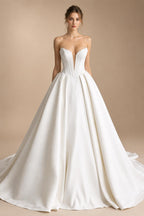 Customized Off Shoulder Crepe Satin A Line Floor Length Wedding Dress
