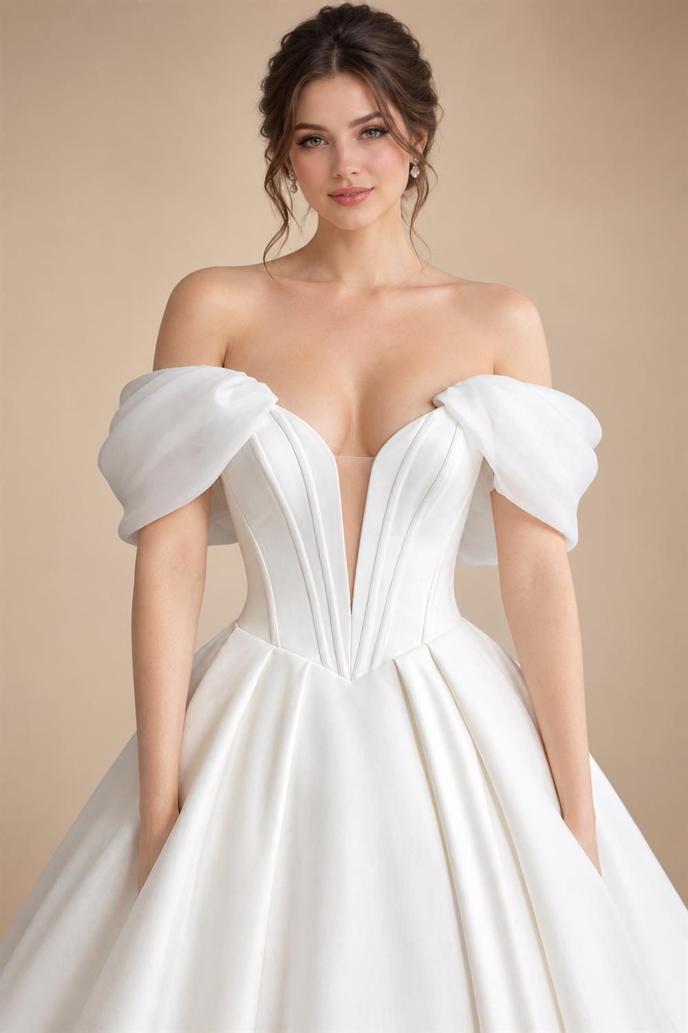 Customized Off Shoulder Crepe Satin A Line Floor Length Wedding Dress