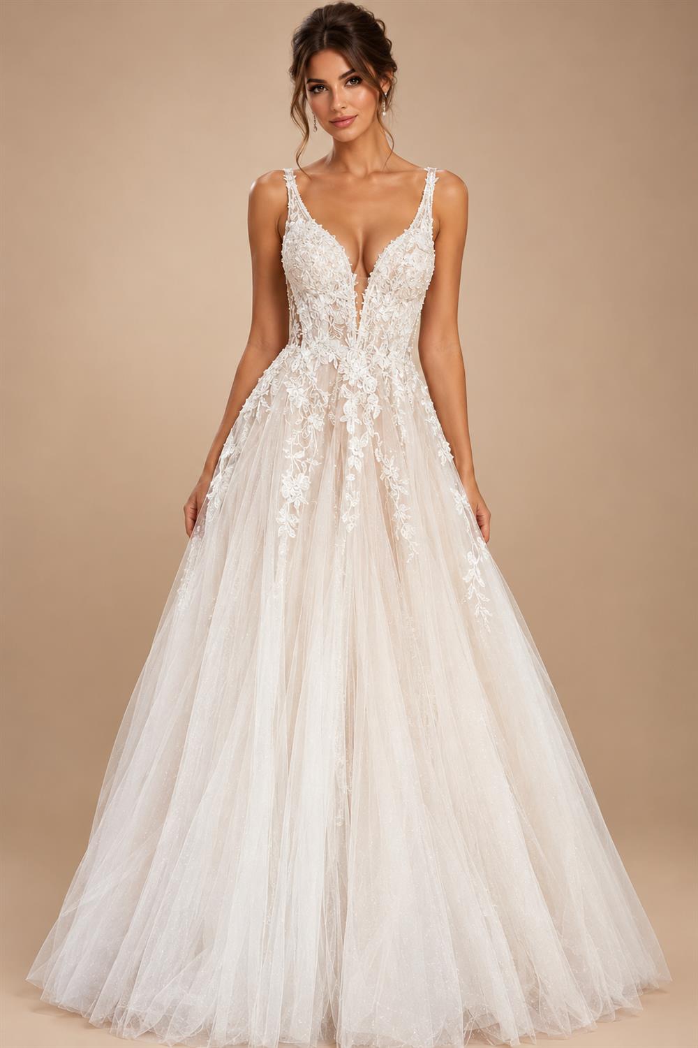 Boho A Line Tulle Sexy Beach Wedding Dress Illusion Appliques Open Back Gown