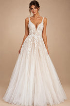 Boho A Line Tulle Sexy Beach Wedding Dress Illusion Appliques Open Back Gown