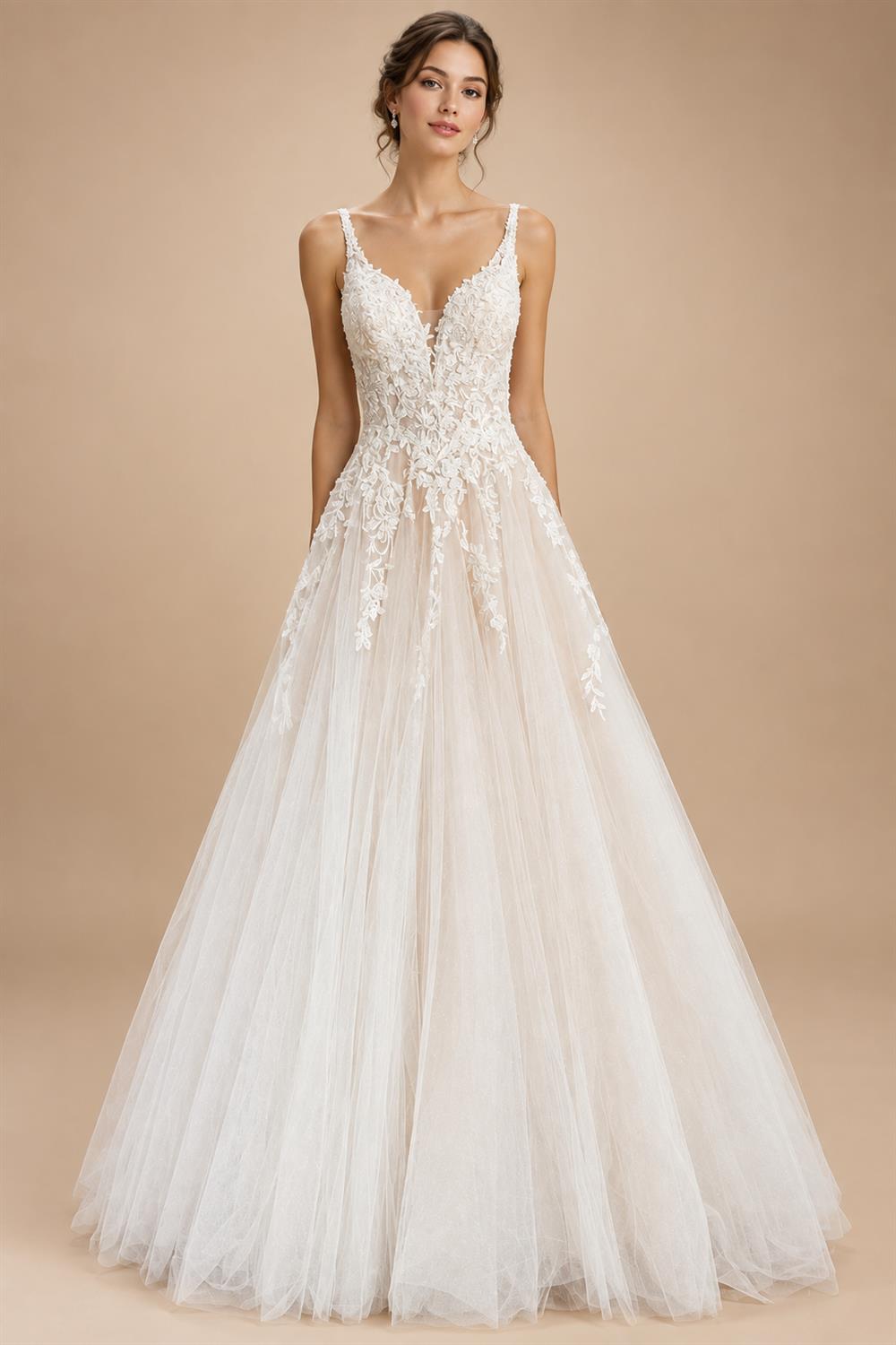 Boho A Line Tulle Sexy Beach Wedding Dress Illusion Appliques Open Back Gown