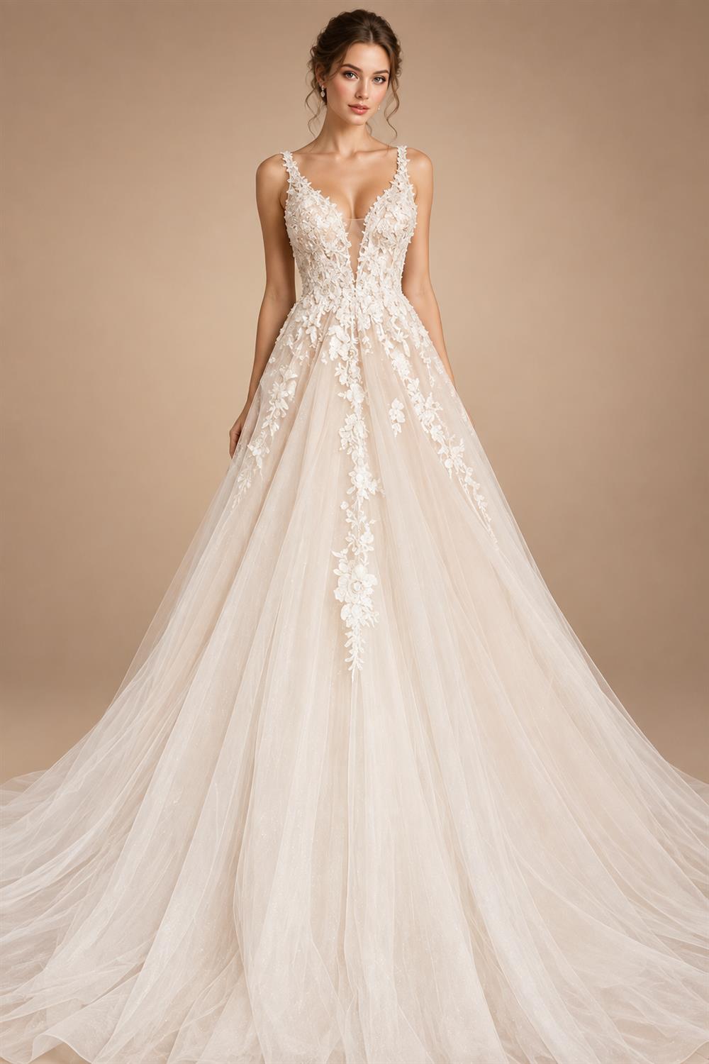 Boho A Line Tulle Sexy Beach Wedding Dress Illusion Appliques Open Back Gown