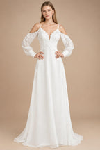 Custom Illusion Off White Bridal Gown Off Shoulder Long Sleeve Wedding Dress