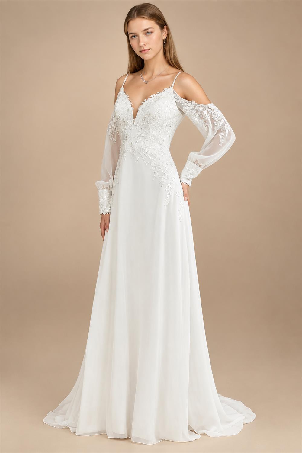 Custom Illusion Off White Bridal Gown Off Shoulder Long Sleeve Wedding Dress