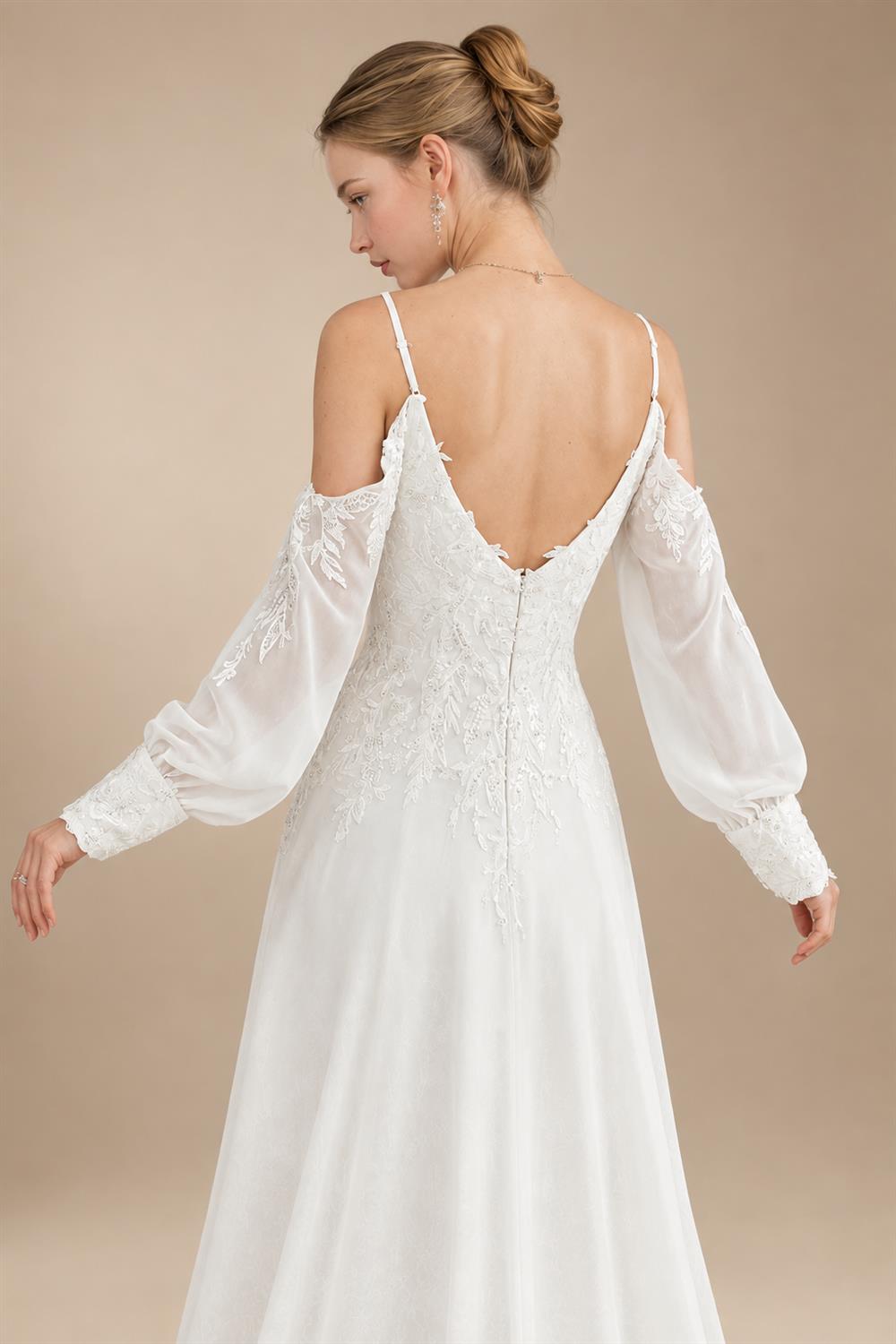 Custom Illusion Off White Bridal Gown Off Shoulder Long Sleeve Wedding Dress
