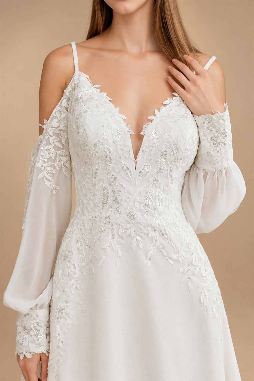 Custom Illusion Off White Bridal Gown Off Shoulder Long Sleeve Wedding Dress