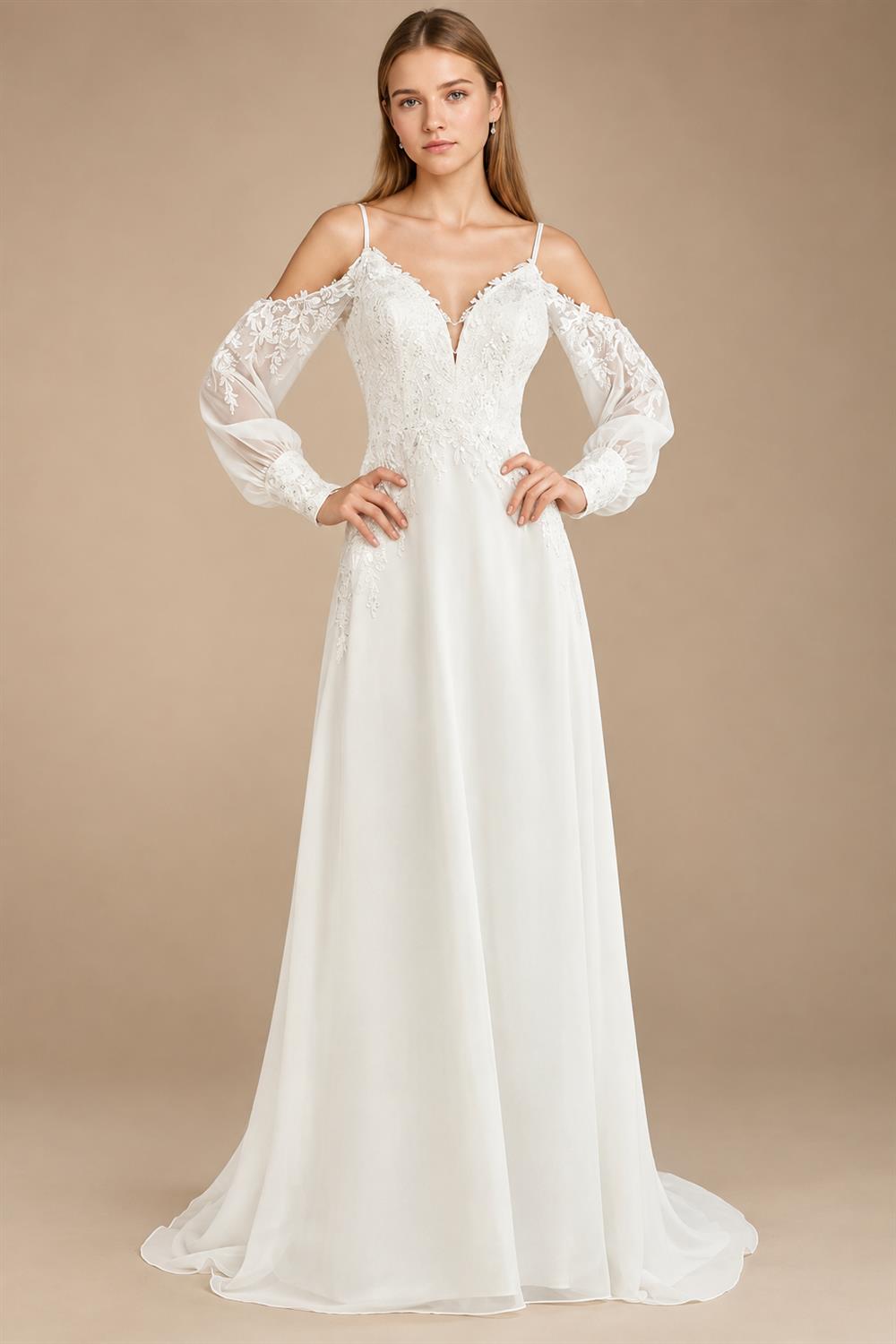 Custom Illusion Off White Bridal Gown Off Shoulder Long Sleeve Wedding Dress