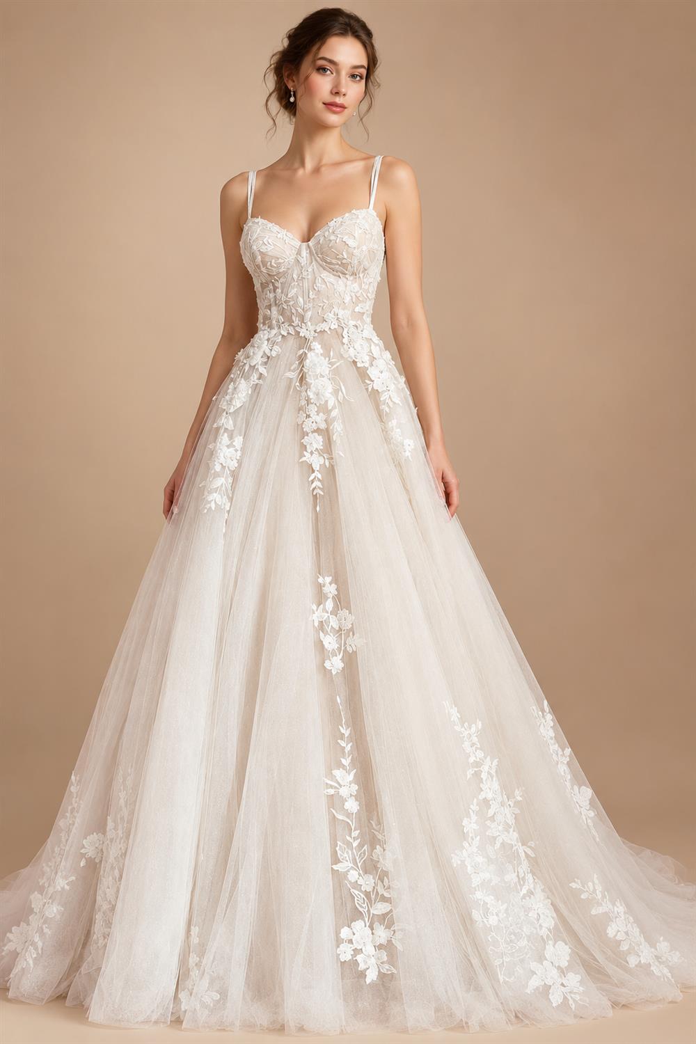 Champagne Lace Spaghetti Straps Wedding Dress Chapel Train Custom Bridal Gown