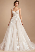 Champagne Lace Spaghetti Straps Wedding Dress Chapel Train Custom Bridal Gown
