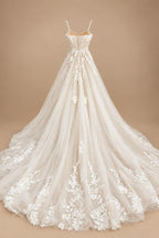 Champagne Lace Spaghetti Straps Wedding Dress Chapel Train Custom Bridal Gown